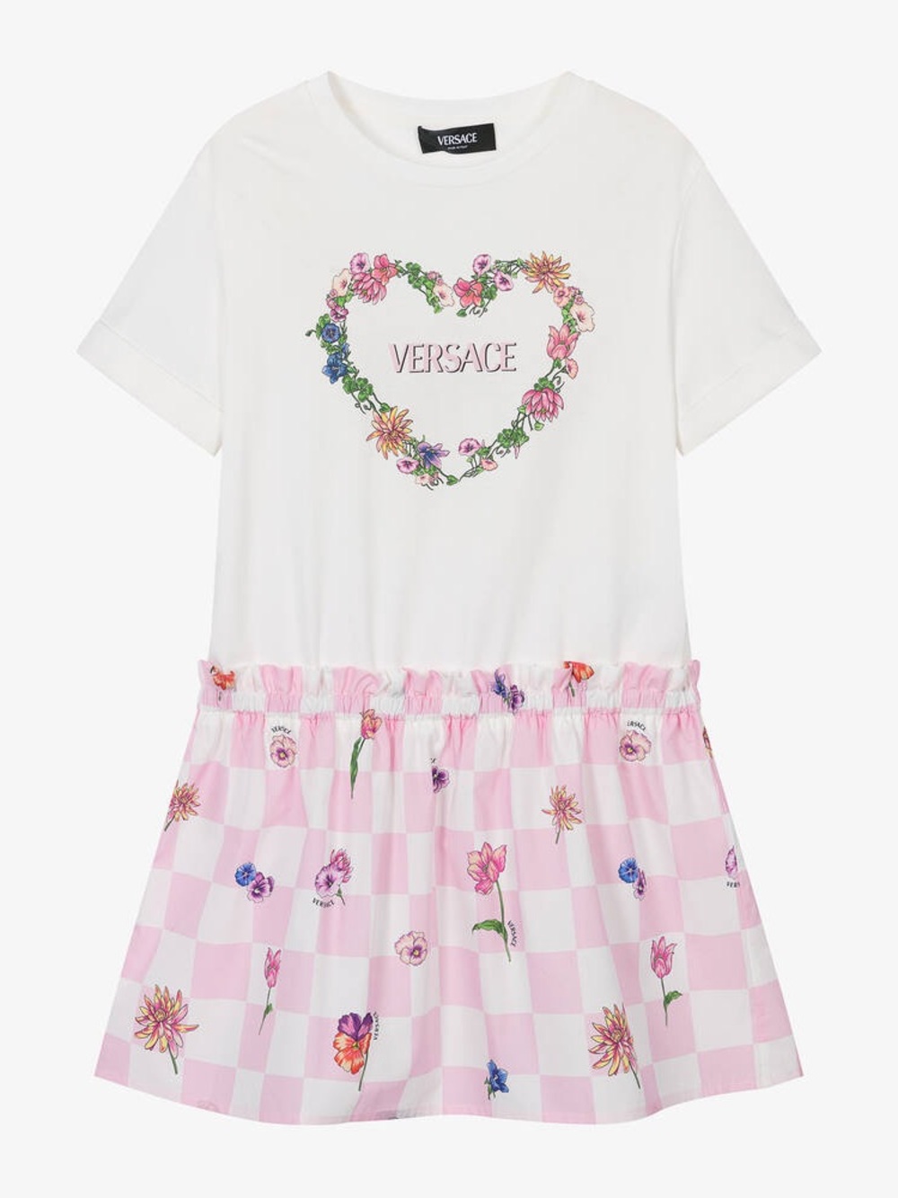 Versace Kids floral dress logo heart checkered print short sleeve toddler girl